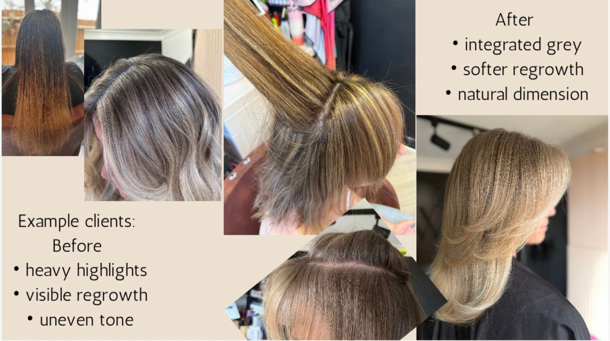Grey blending before and after examples: heavy highlights, visible regrowth and uneven tone changed to integrated grey, softer regrowth and natural dimension