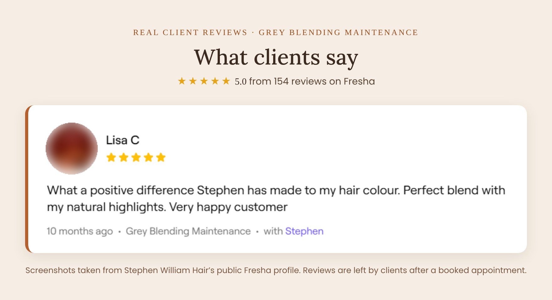 Grey Blending Maintenance review on Fresha for Stephen William Hair, Waterlooville: Lisa C says it was a perfect blend with her natural highlights
