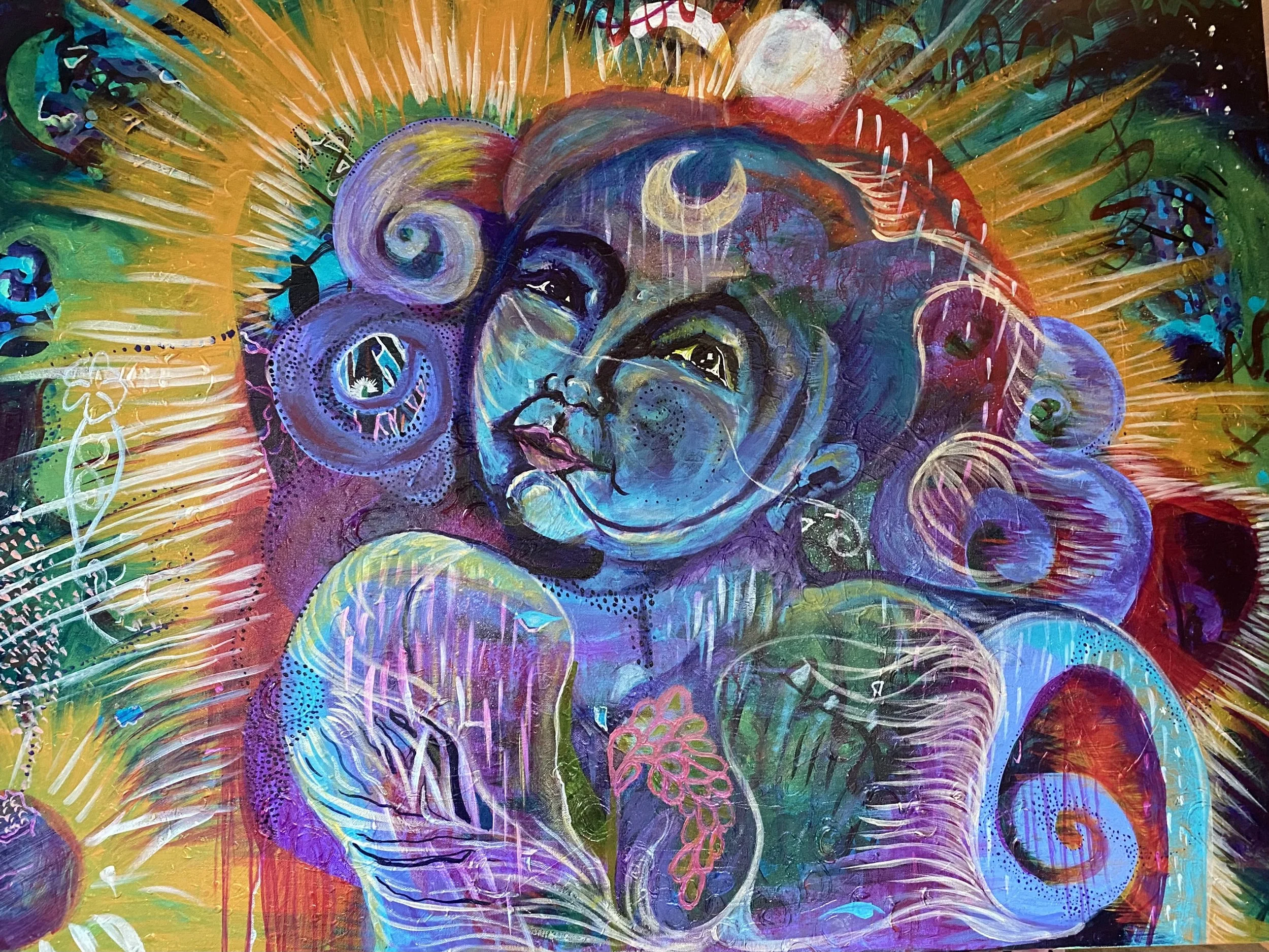 Goddess Powerful blue Woman surrounded by lots of color