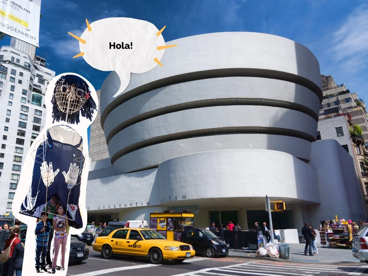 Photo of the Guggenheim with a large puppet overlayed on the image