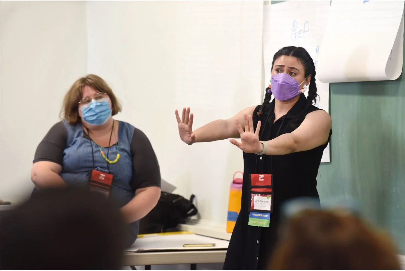Ana with FL artist/admin Susanna Brock, leading a workshop on access at the TYA/USA national conference in Tempe, AZ in 2023.