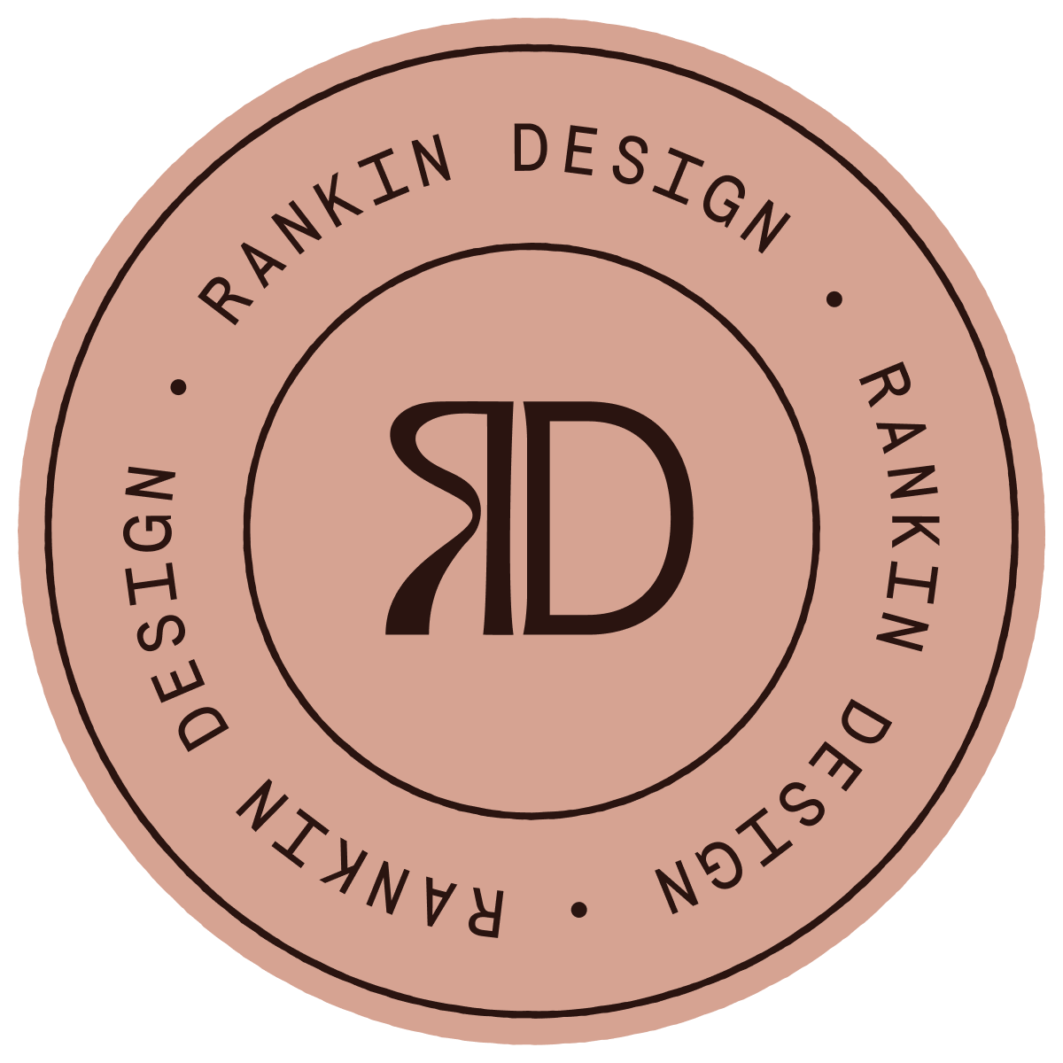 Pink circular badge with black text and letters, reading '7ID' in large font in the center, surrounded by the words 'RANKIN DESIGN' repeated twice.