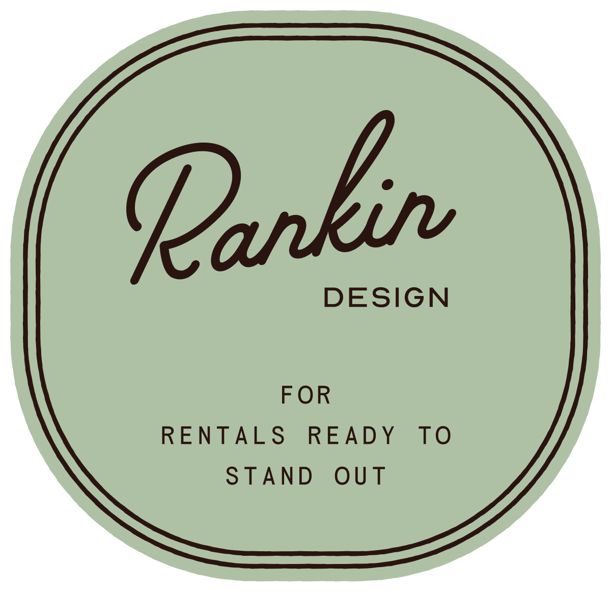 Design logo with the text 'Rarkin' in cursive and 'Design for Rentals Ready to Stand Out' in uppercase, on a green circular background with black outlines.