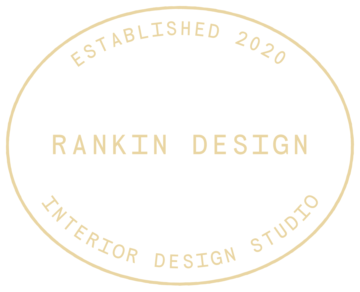 A circular logo with a black background and beige text that reads 'Established 2020, Interior Design Studio, Rankin Design'.