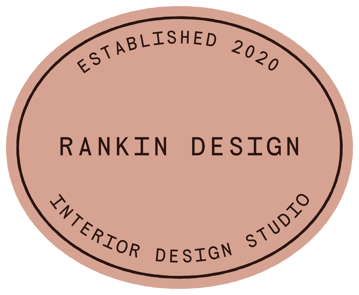 Pink circular badge with black text reading 'Established 2020', 'Interior Design Studio', and 'Rankin Design'.