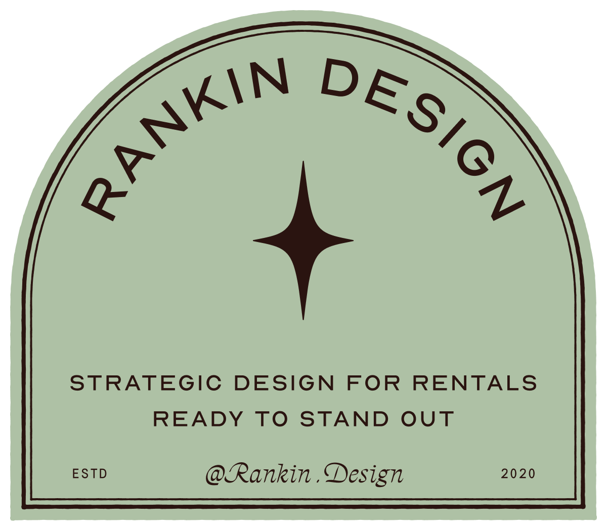 Logo for Rankin Design with a green rounded shape, black text, and a compass star in the center. Slogan: "Strategic design for rentals, ready to stand out."