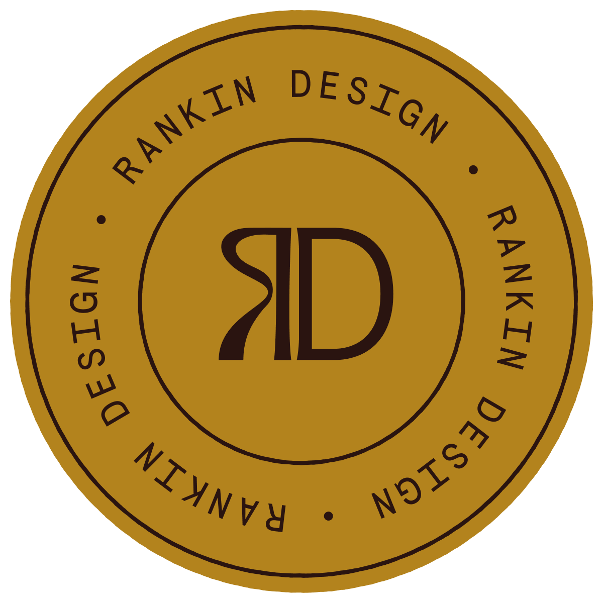 Gold circular logo with black text and a center monogram '7ID'. The text around the edge reads 'RANKIN DESIGN'. Focus on the logo's design and text.