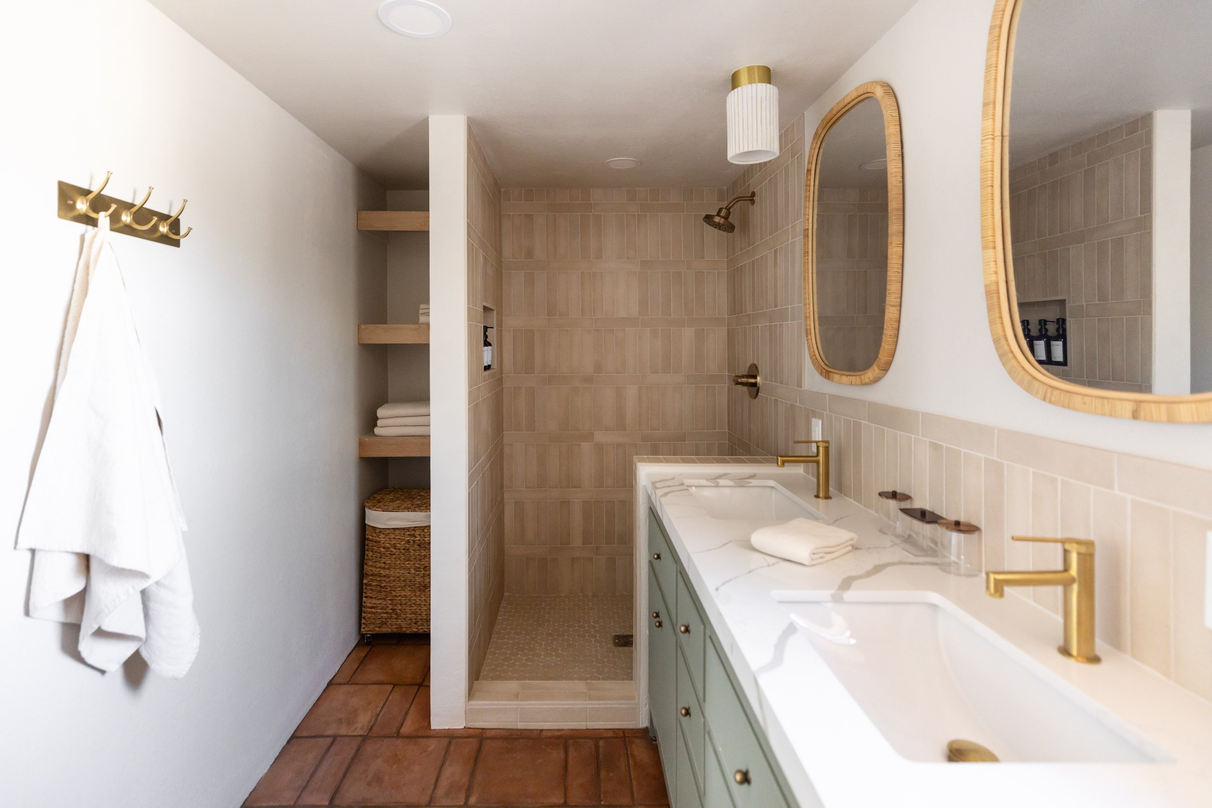 nterior of a remodeled 1980s desert casita guest house in Tucson featuring soft neutral colors and modern desert interior design.