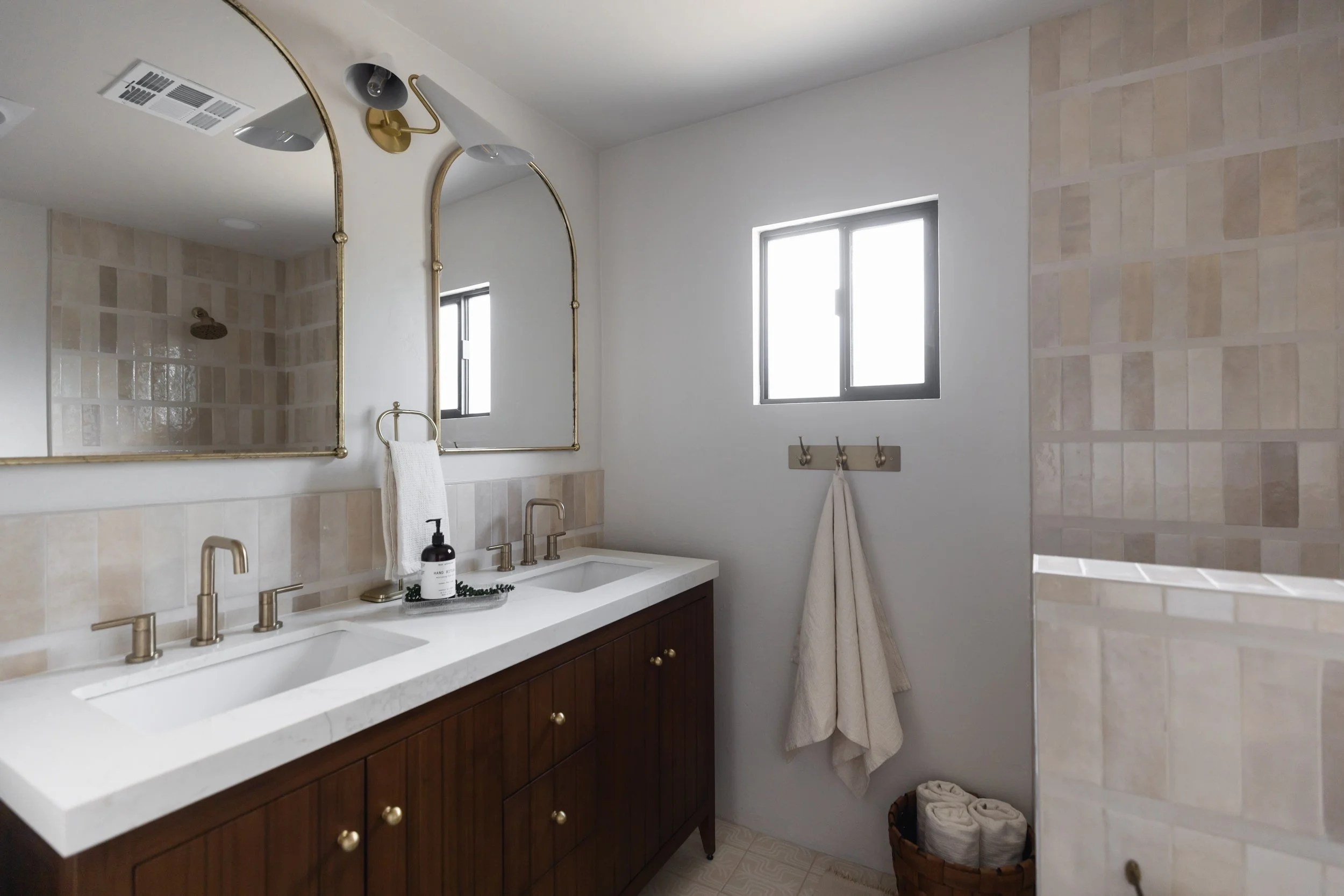 Historic home bathroom renovation in Tucson Arizona blending modern desert style with timeless Southwest textures and finishes.