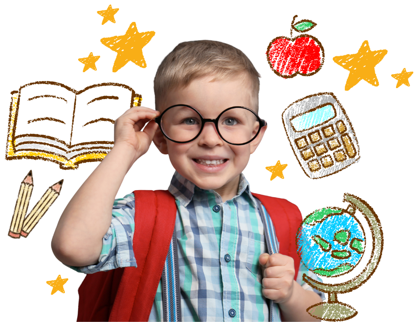 A little boy smiling with glasses and doodles of science and math tools all around him