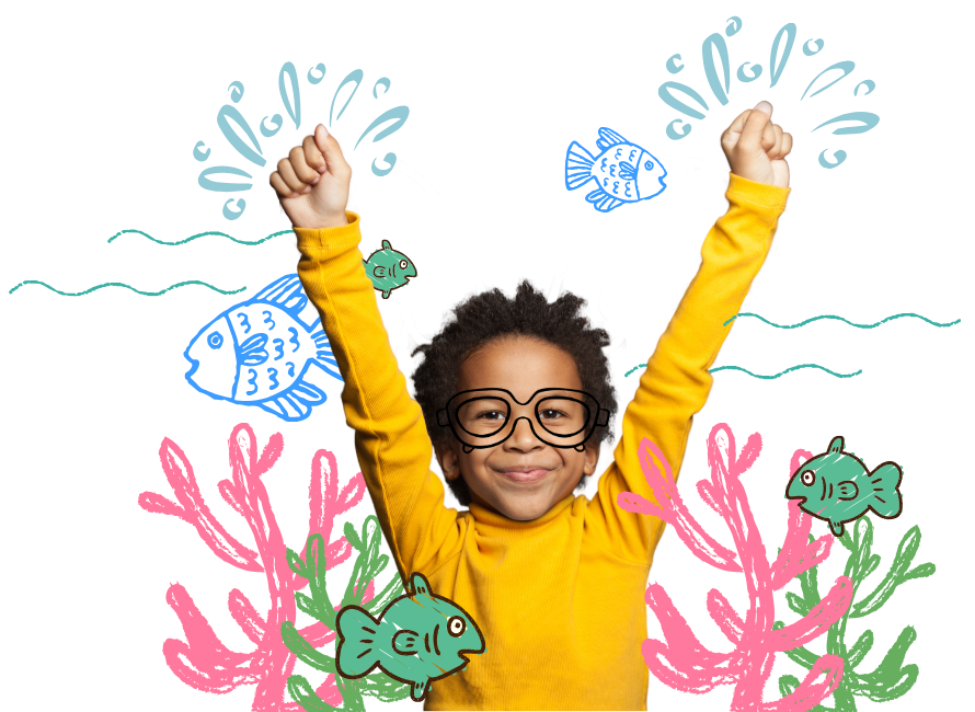 Little boy with arms in the air with doodles of fish and underwater greenery around him | Orange Seeds Montessori St. Catharines daycare classroom
