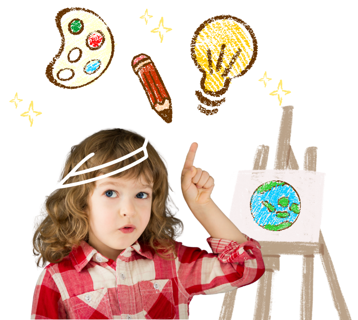 A little girl pointing up at a chalk drawing of a lightbulb and other artsy tools | Orange Seeds Montessori St. Catharines daycare classroom