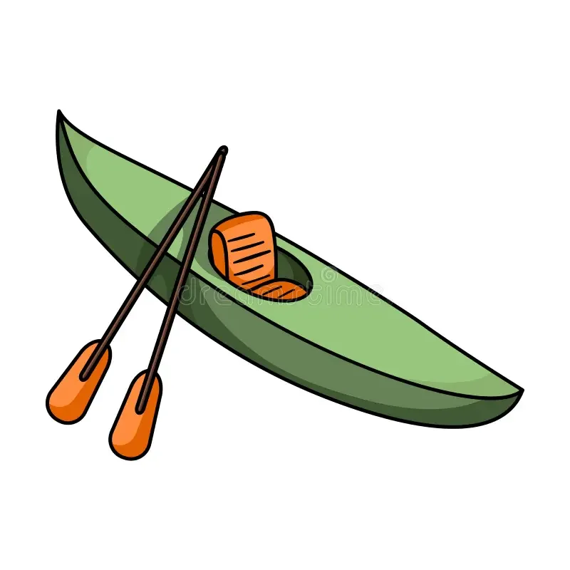 A cartoon illustration of a green kayak, two orange paddles, and an orange life jacket.