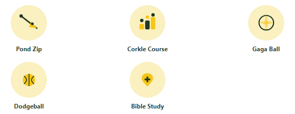 Icons of a shovel, bar graph, crosshair, dodgeball, and Bible study, each labeled accordingly.