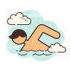 A person swimming in a pool with a swimming cap and goggles, surrounded by clouds
