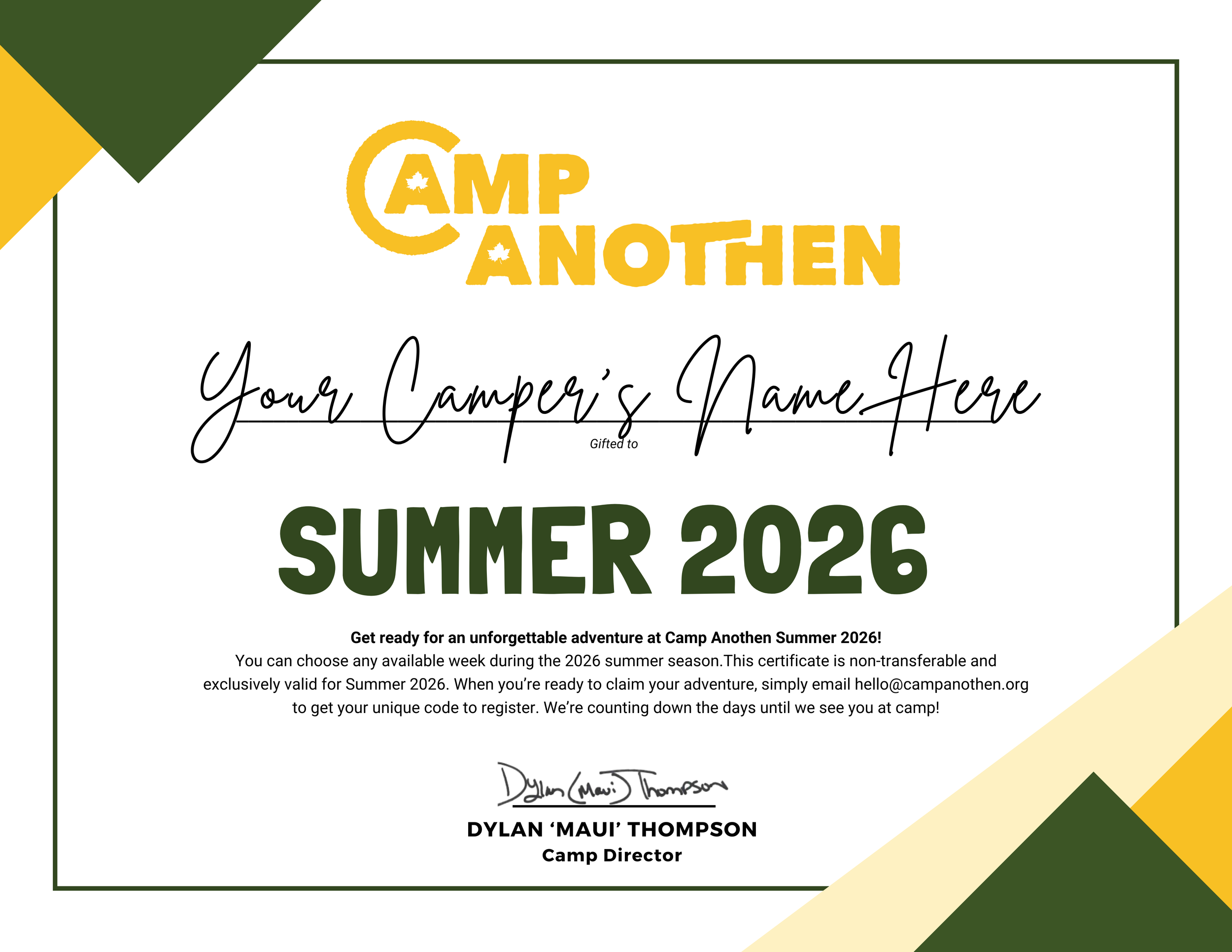 Week of Camp Anothen Summer 2026 Gift Certificate