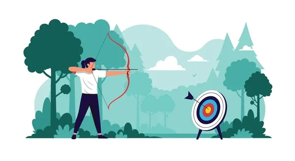 Person practicing archery outdoors in a forest with a target in the distance.