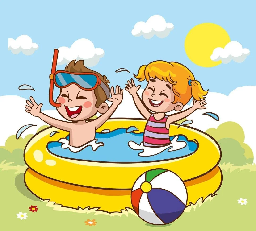 Two children playing and splashing in a small yellow inflatable pool outdoors on a sunny day, with a beach ball nearby.