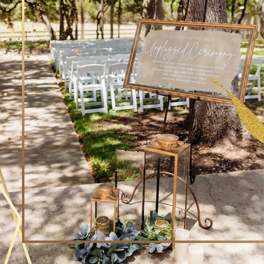 An unplugged wedding ceremony is when the couple requests that their guests refrain from using electronic devices, such as smartphones and cameras, during the ceremony. Instead, they ask the guests to be fully present and enjoy the moment without any