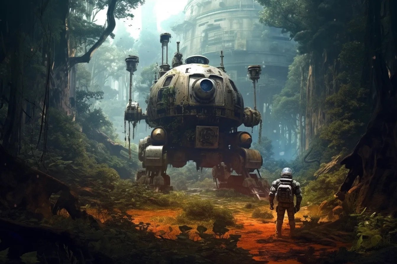 A steamy hot jungle forest:: photo sci-fi village:: a photo of an astronaut --ar 3:2