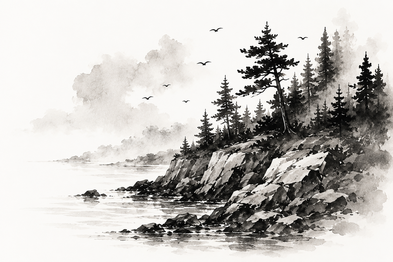 Black and white watercolor illustration of a rocky coastline with pine trees and seagulls flying in the sky.