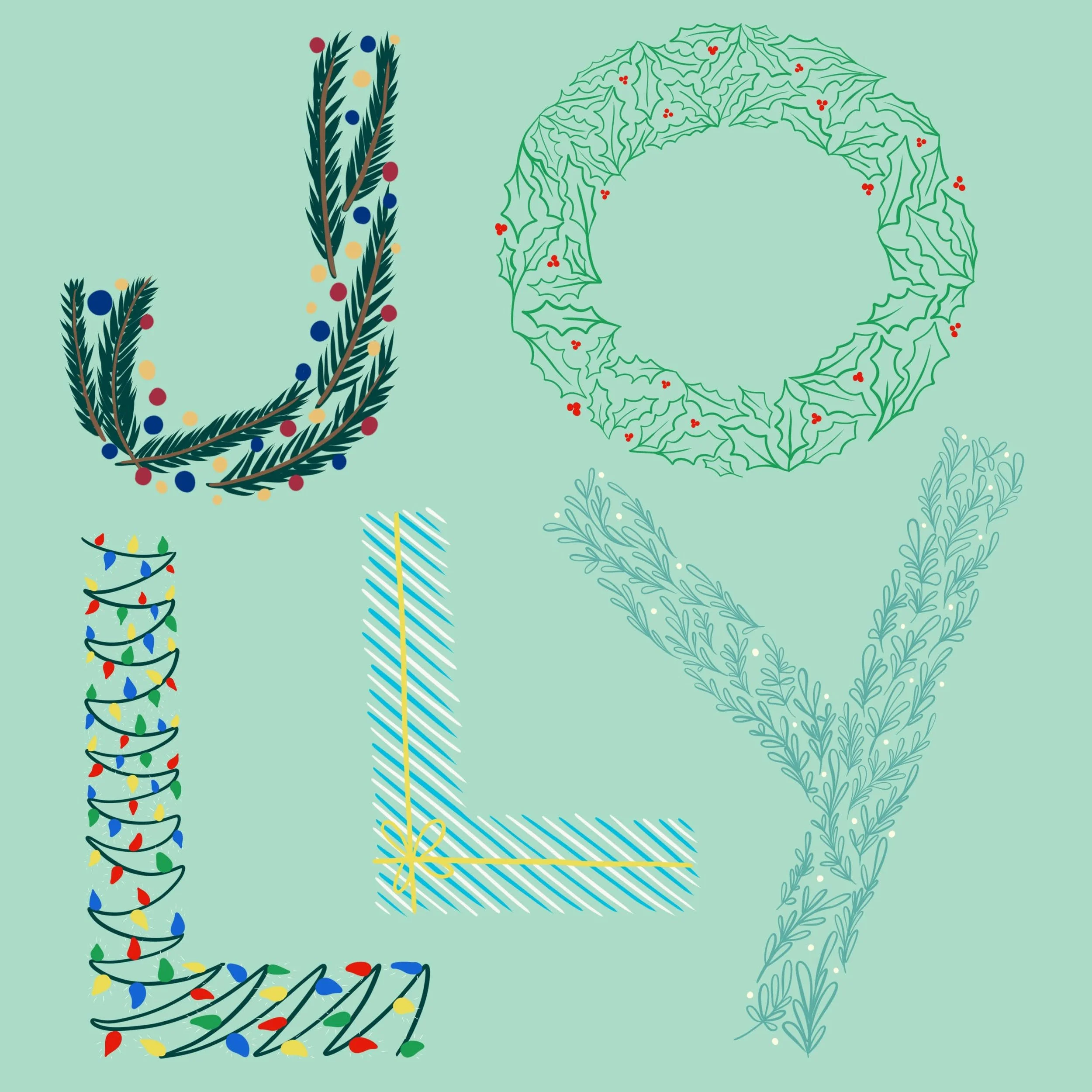 text: "JOLLY" with each letter composed of holiday themed details