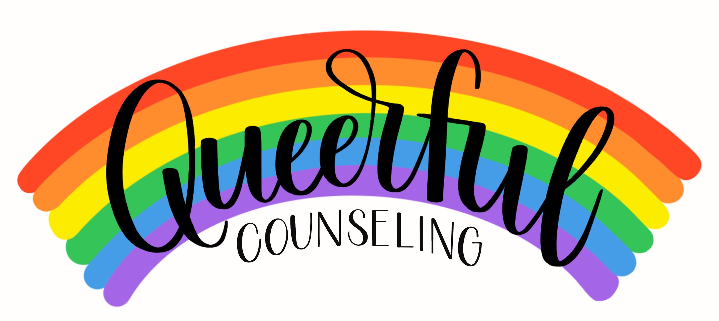Logo for Queerful Counseling in script calligraphy on vibrant rainbow