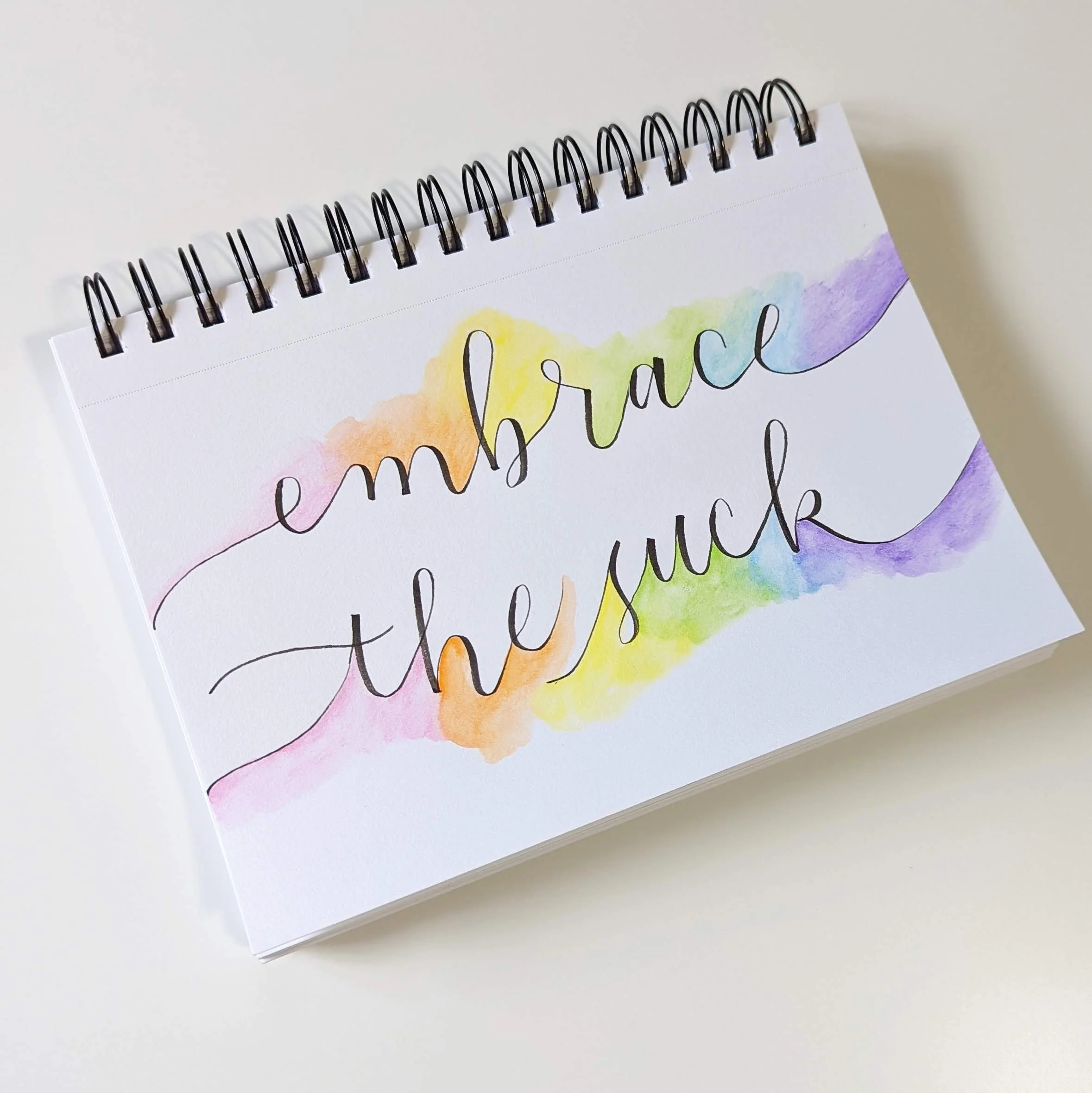 "embrace the suck" written in two lines in a notebook in brush calligraphy. A rainbow watercolor wash decorates immediately above and below the lettering.