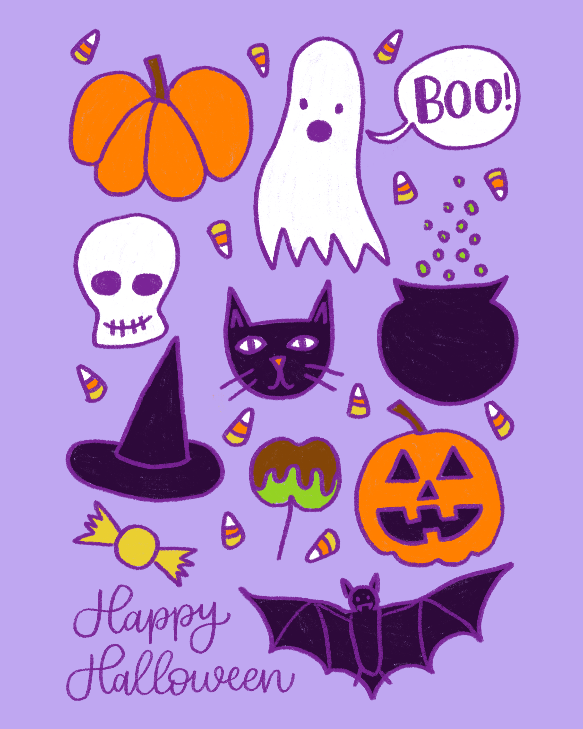 purple greeting card with calligraphy text: "Happy Halloween" with illustrated halloween characters and details