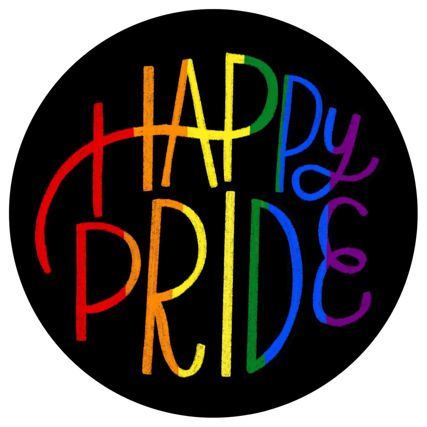 text: "Happy Pride" in rainbow on black background