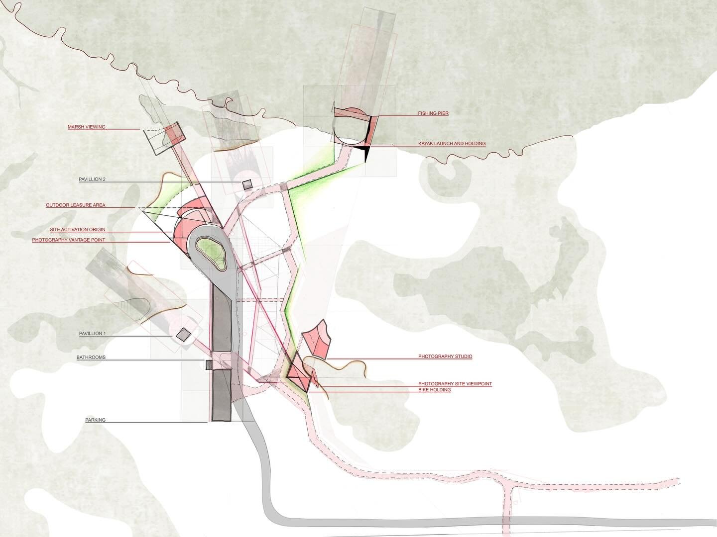 EMBODIED | This project explores the intersection of built and natural, action and rest, permanence and temporality. Through sensory engagement and material empathy, the architecture fosters a connection between people and the landscape with quiet ba