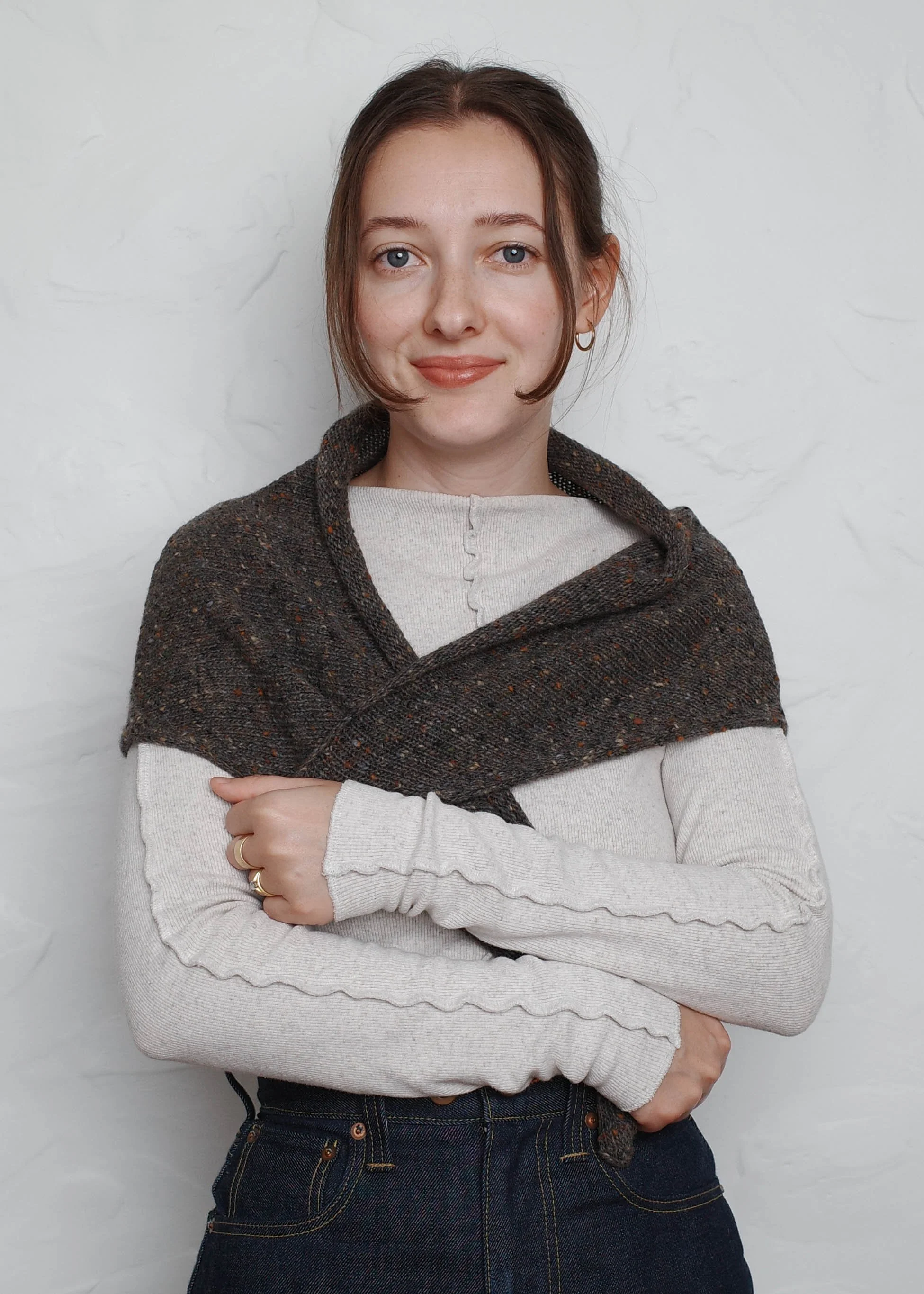XL Knit Bandana in Umber, wrapped around the shoulders like a shawl