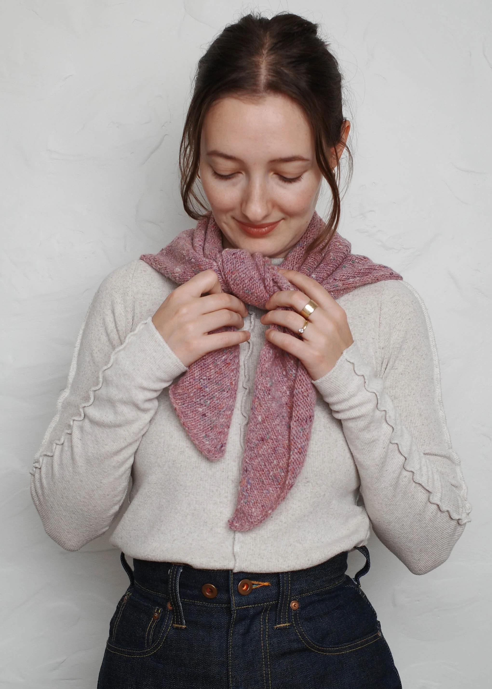 XL Knit Bandana in Lilac, being tied at the neck