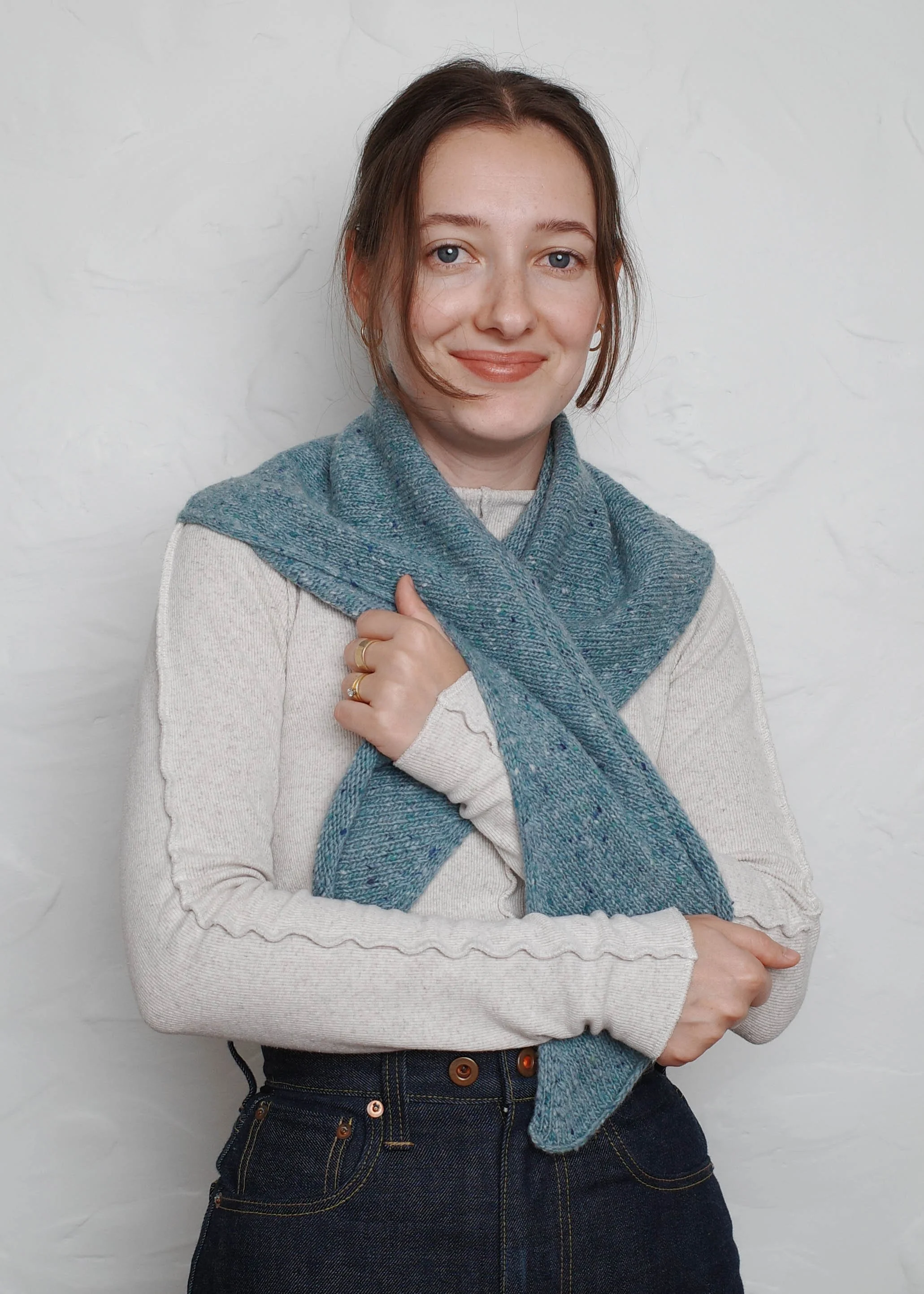 XL Knit Bandana in Sky Blue, wrapped and crossed at the front