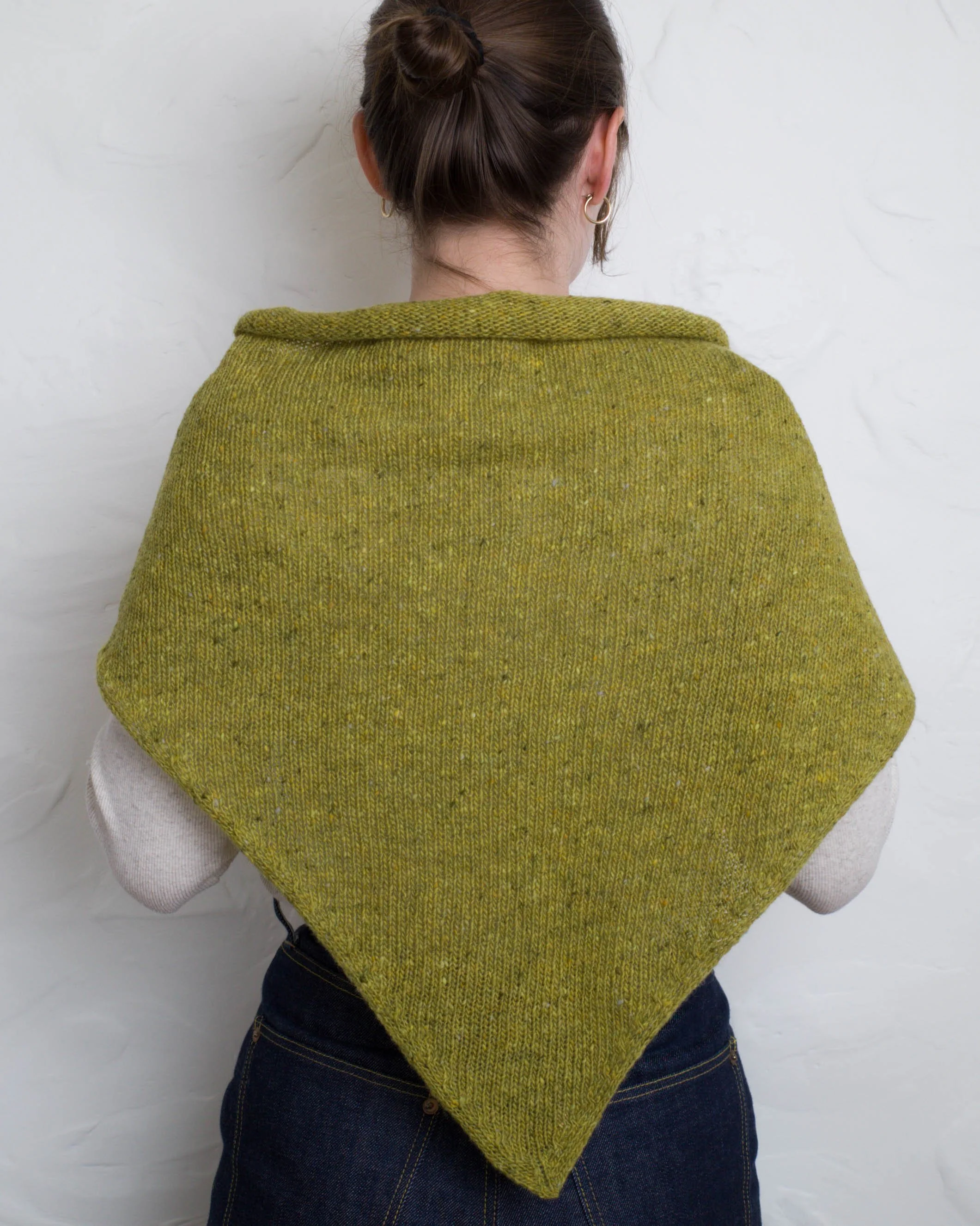 XL Knit Bandana in Lime Green, draped over the shoulders, back view