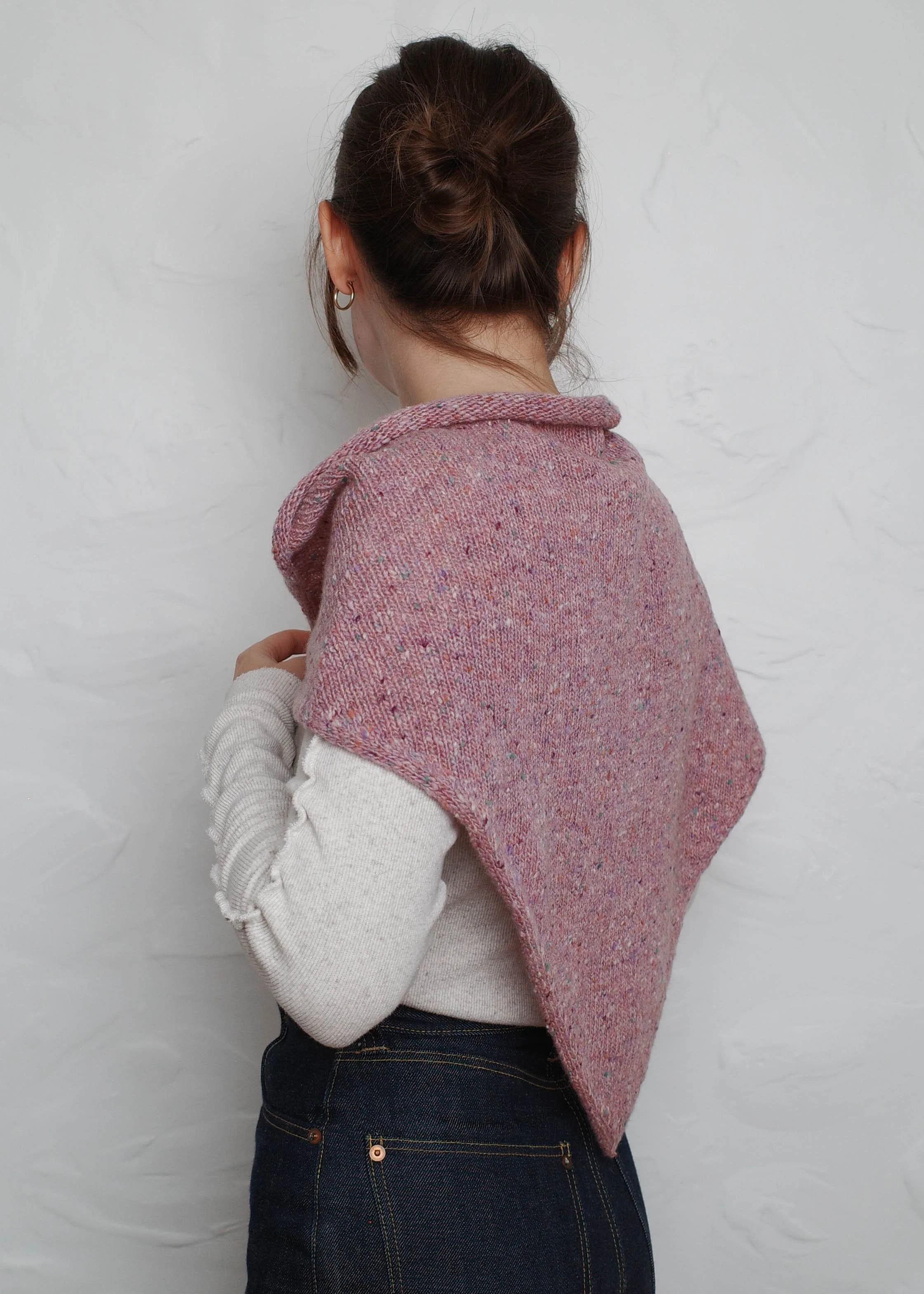 XL Knit Bandana in Lilac, worn over the shoulders, side view