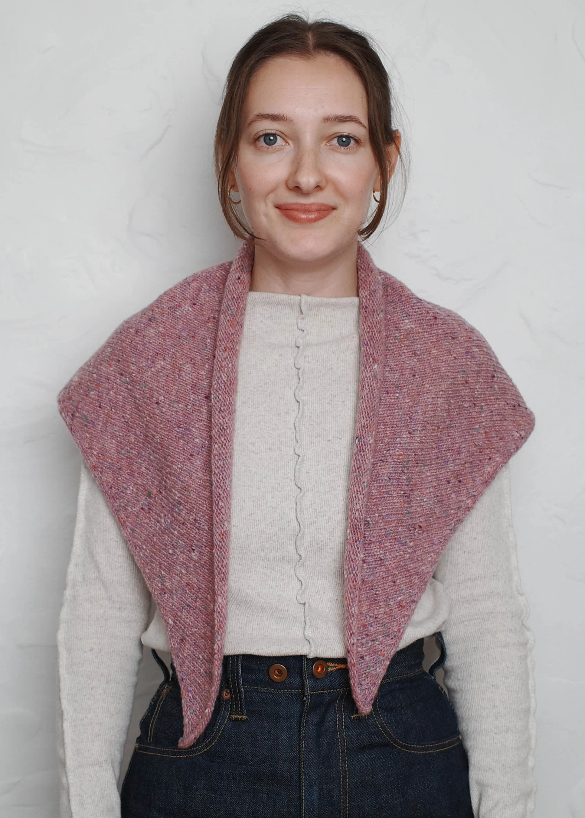 XL Knit Bandana in Lilac, draped open over the shoulders
