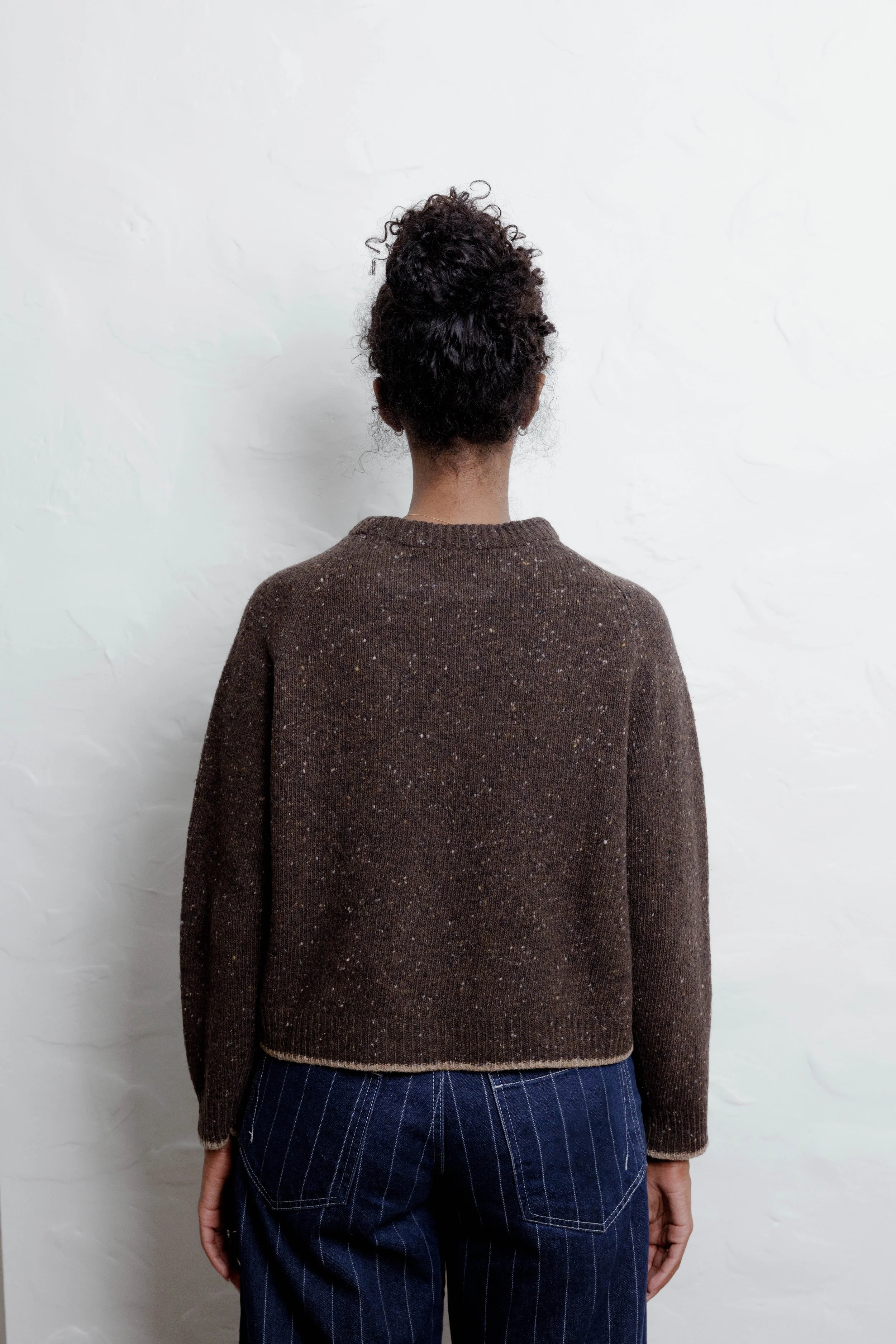 Everyday Raglan sweater in Chocolate, back view on a second model