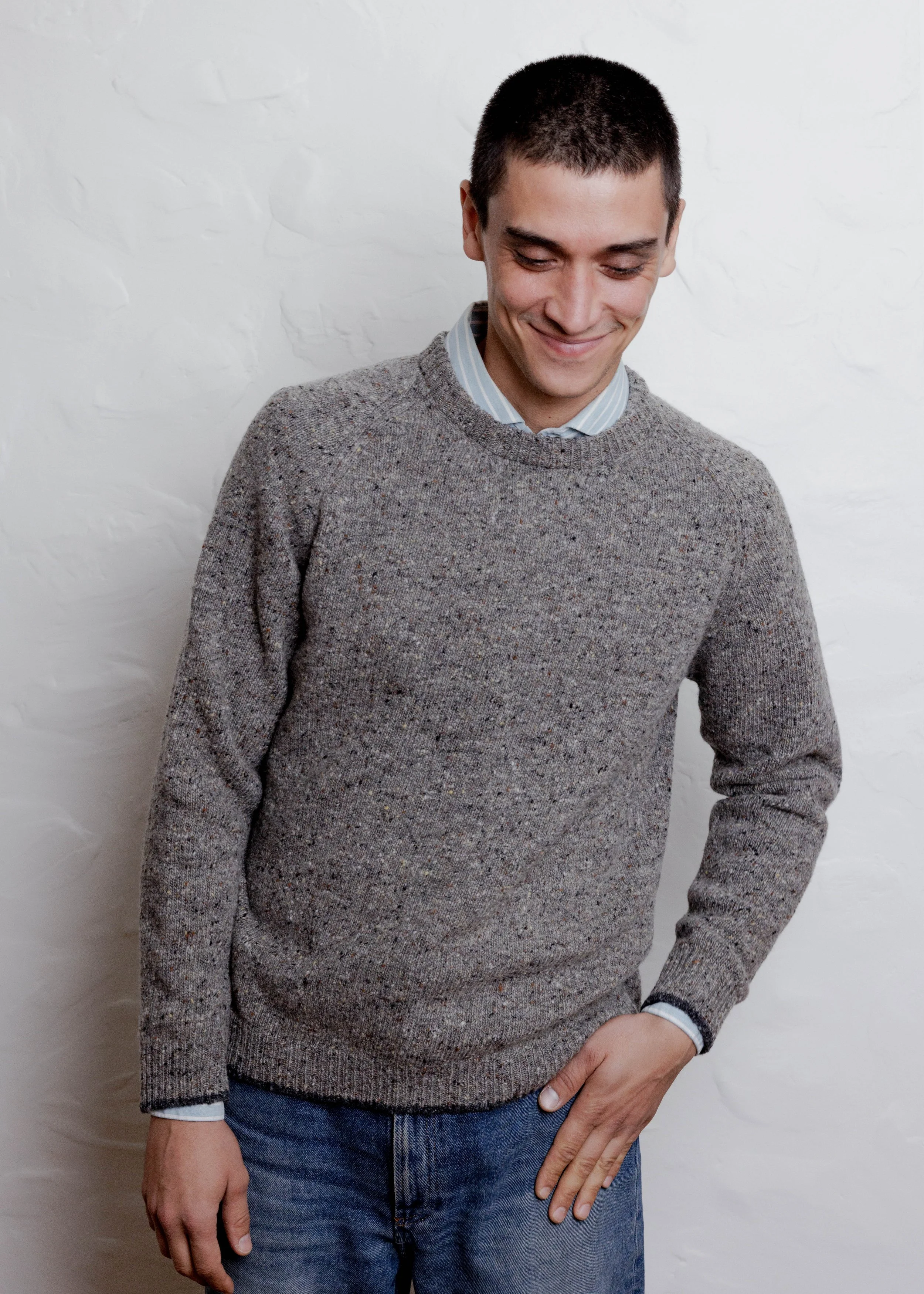 Everyday Raglan sweater in Stone, front view, hand in pocket