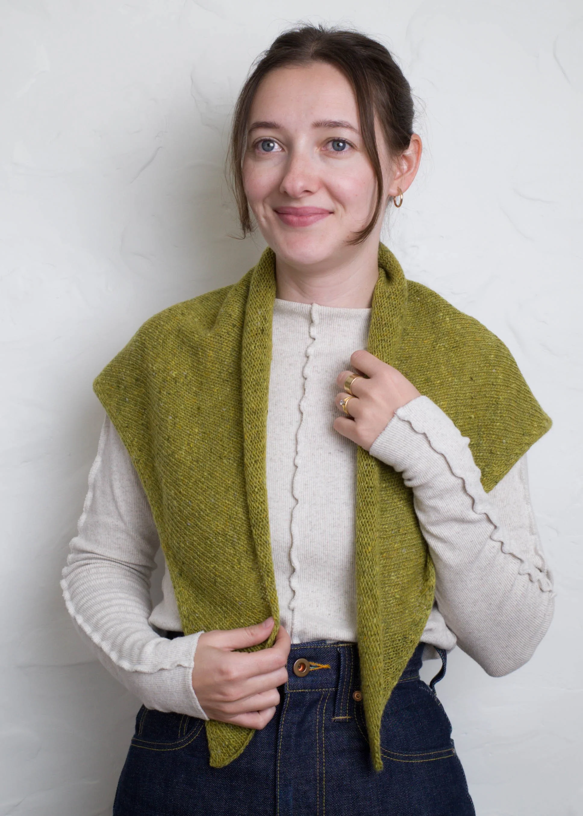 XL Knit Bandana in Lime Green, draped open over the shoulders