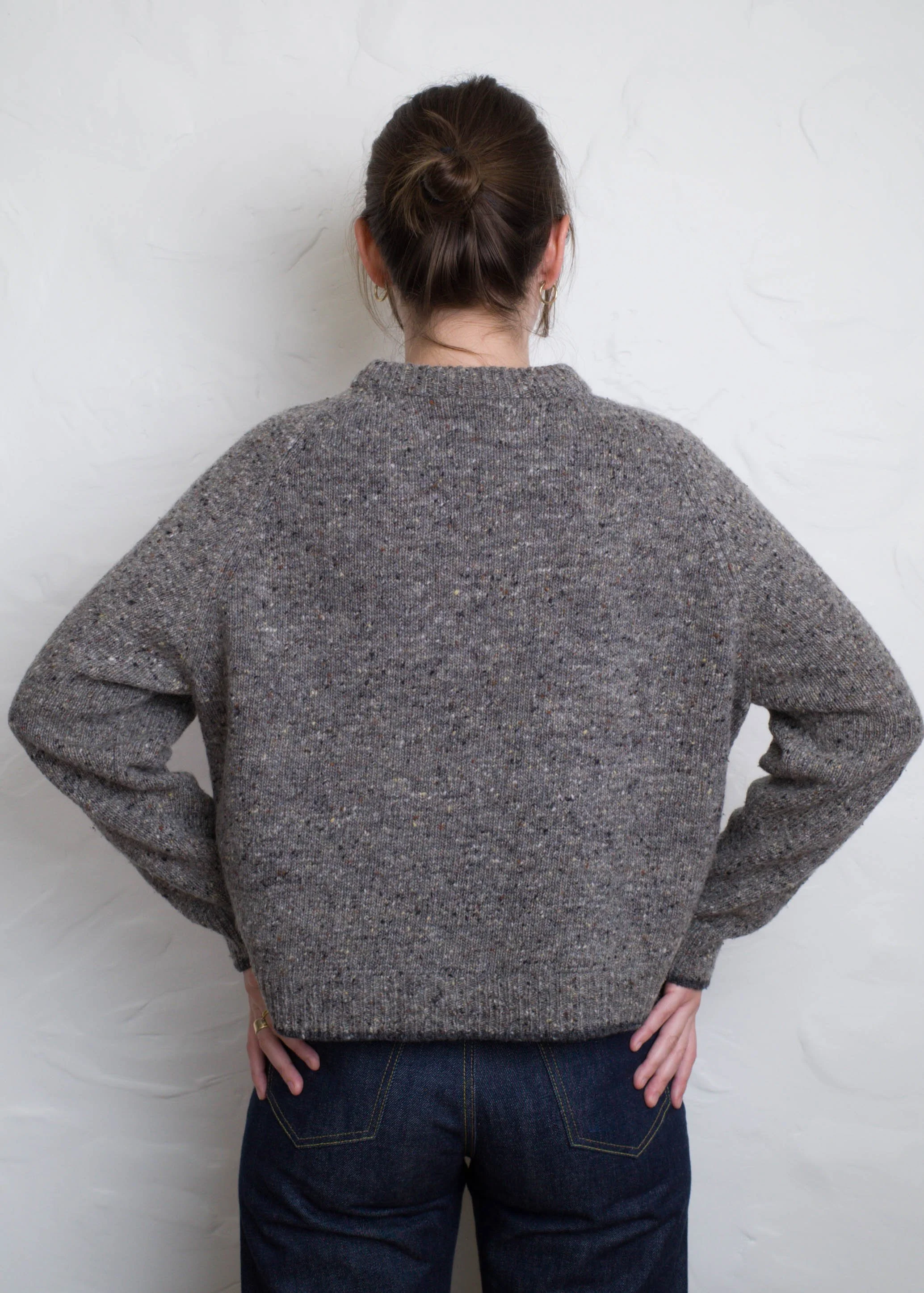 Everyday Raglan sweater in Stone, back view, hands on hips