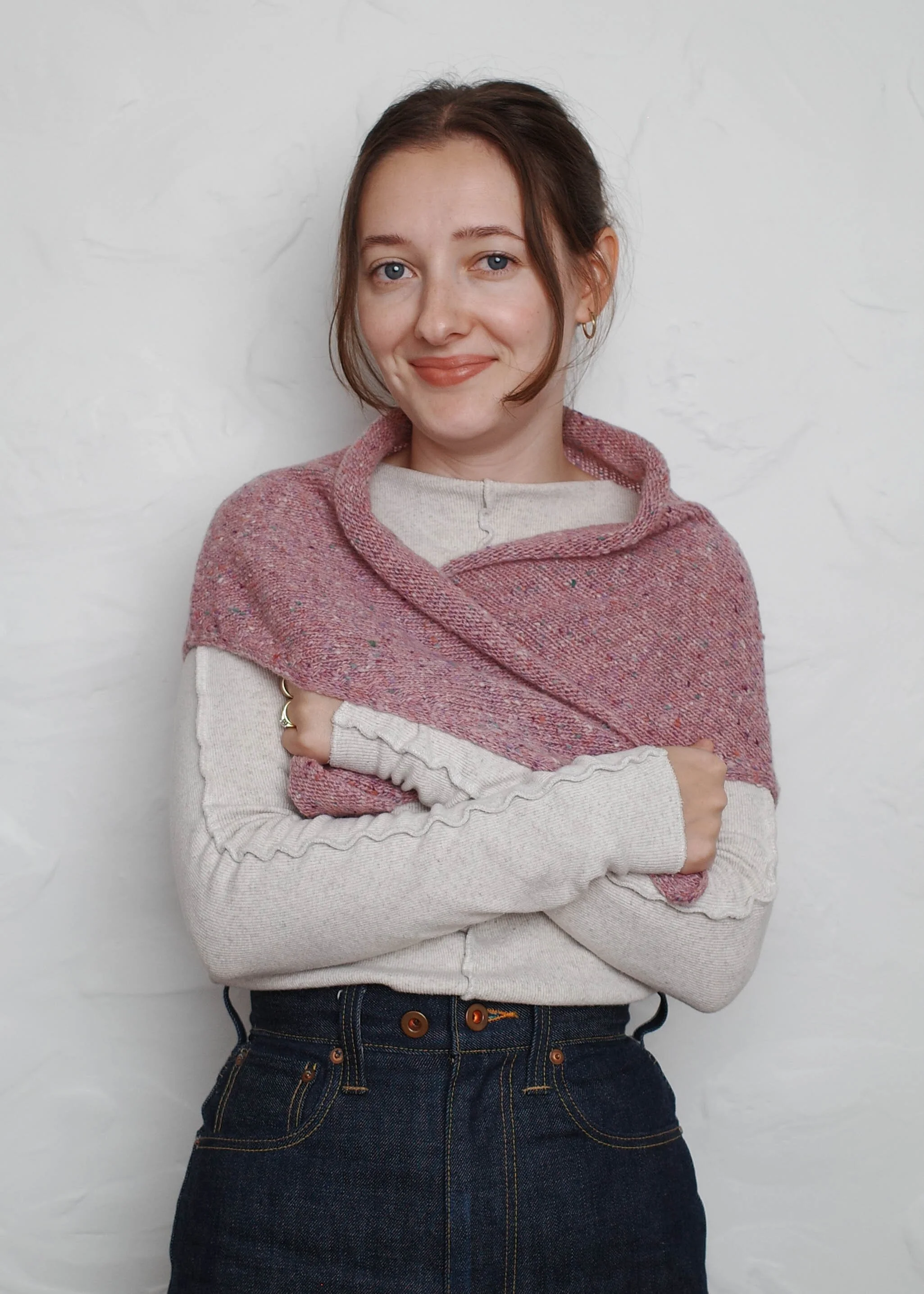 XL Knit Bandana in Lilac, wrapped around the shoulders like a shawl