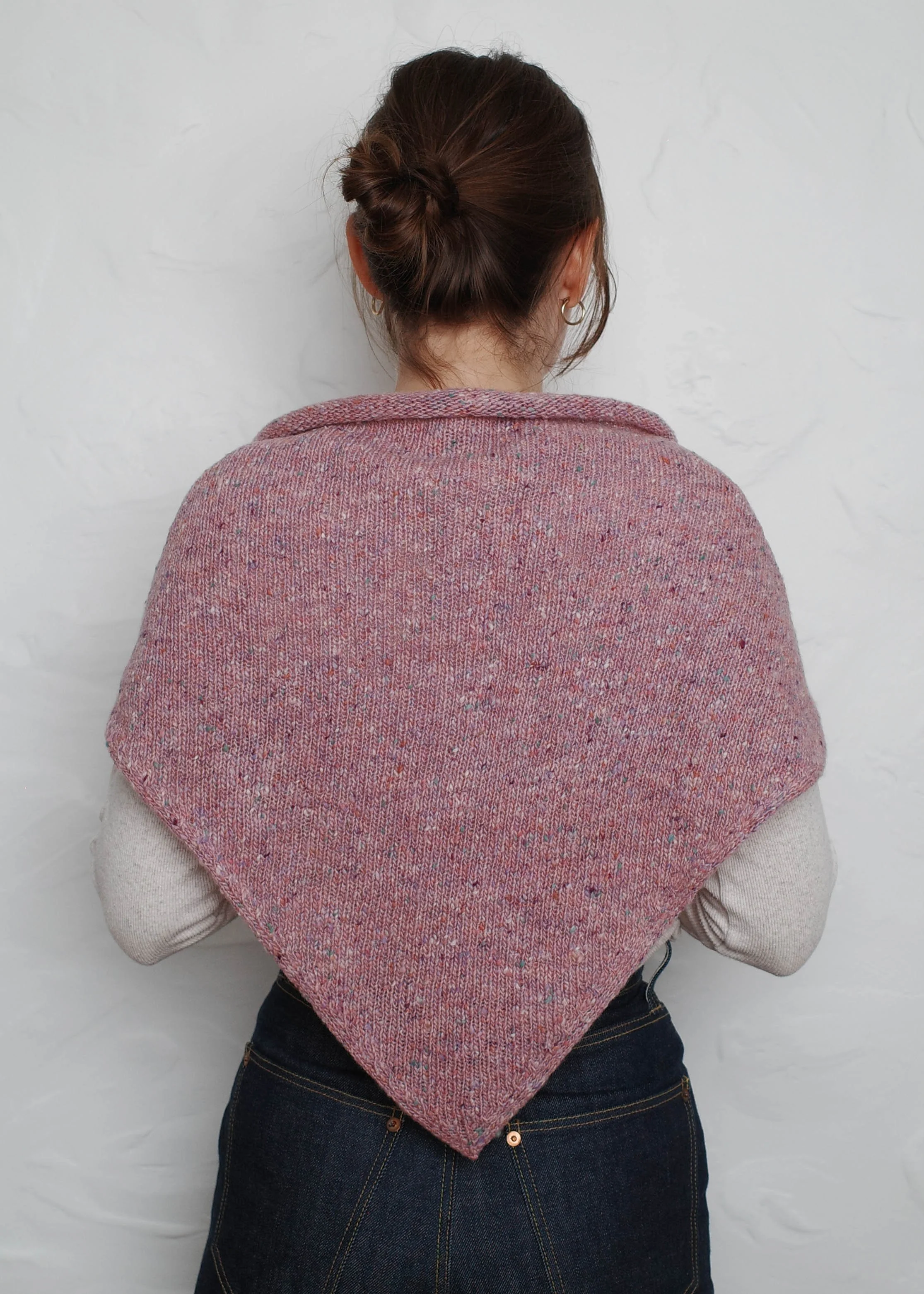 XL Knit Bandana in Lilac, draped over the shoulders, back view