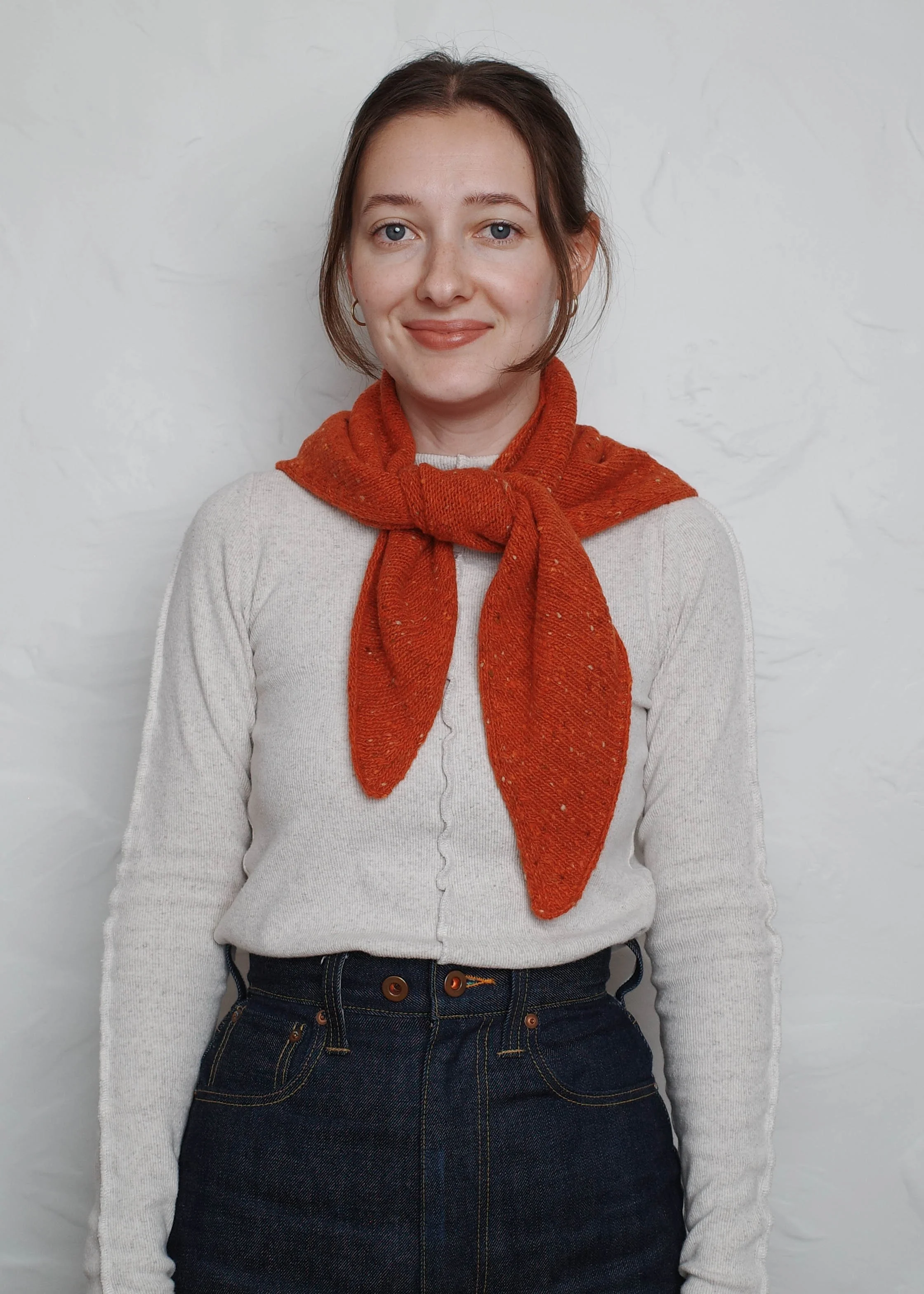 XL Knit Bandana in Lobster Red, tied at the front as a neckerchief