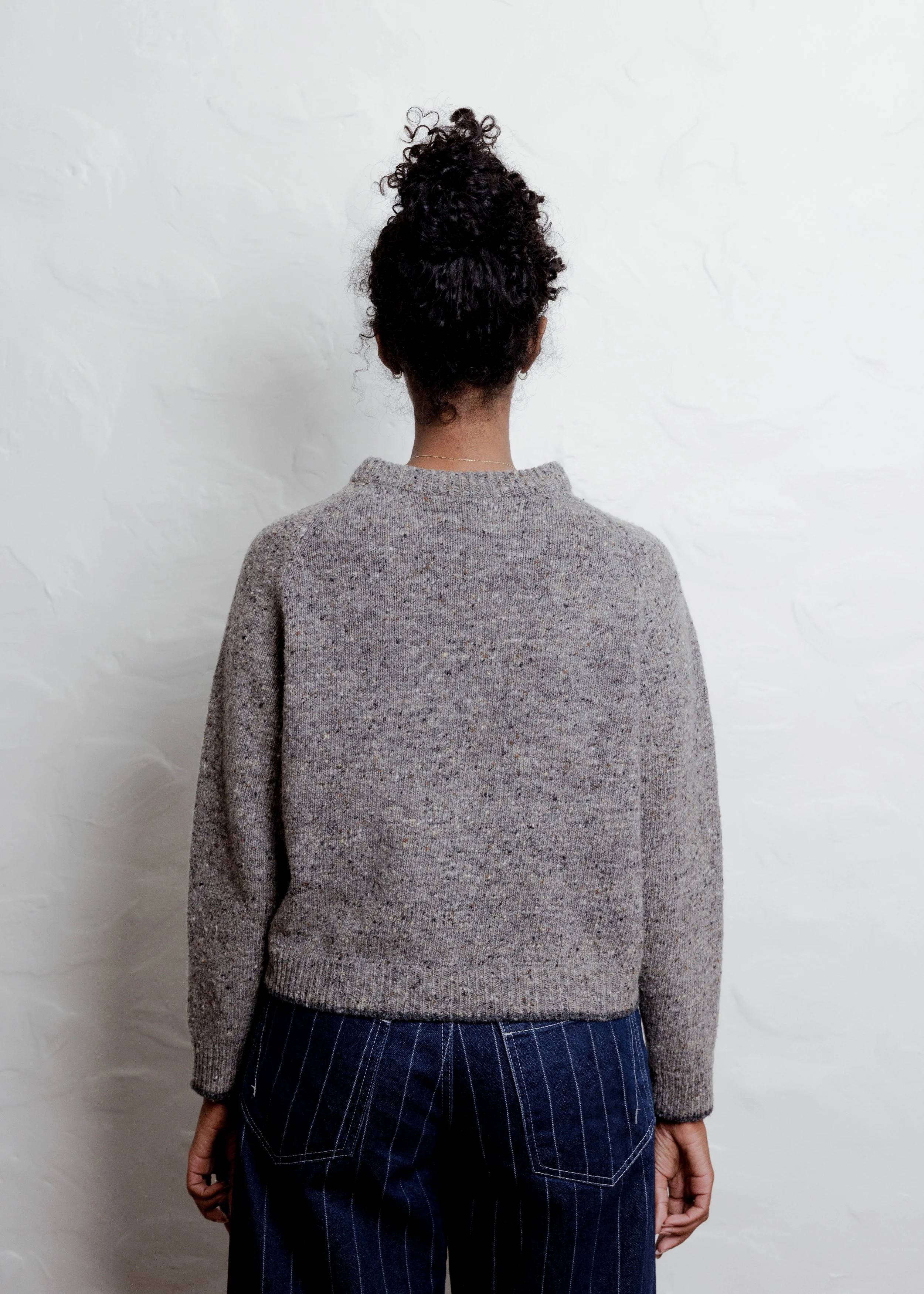 Everyday Raglan sweater in Stone, back view on a second model