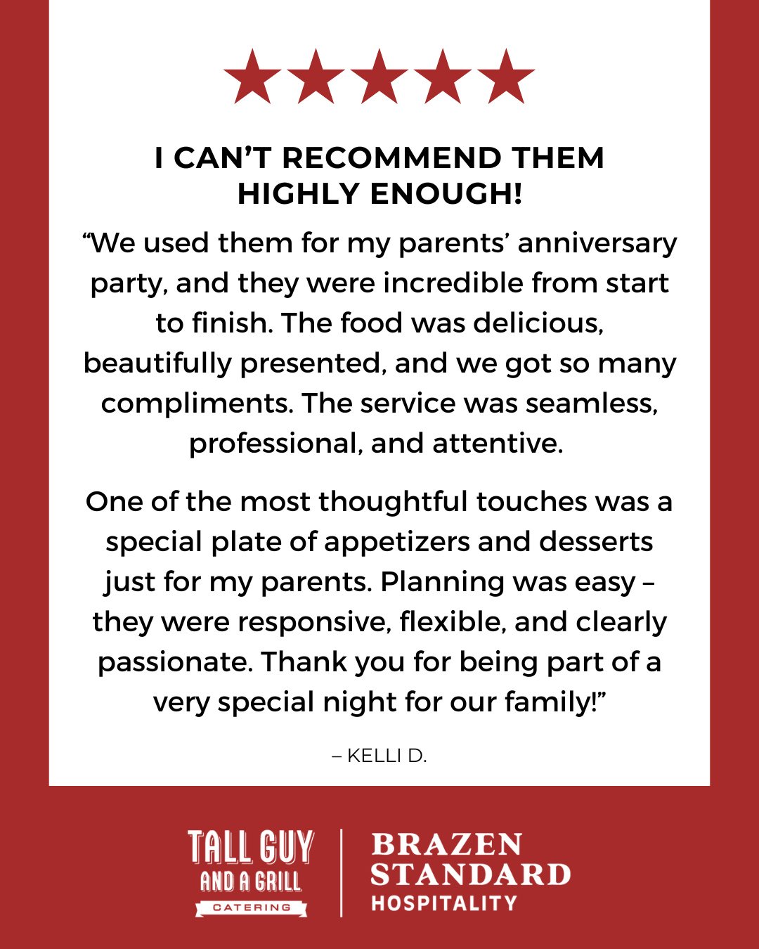 When your parents celebrate 55 years together, the night deserves something truly special.⁠
⁠
The team made sure every bite, every moment, and every thoughtful detail hit the mark.⁠
⁠
&ldquo;I can&rsquo;t recommend them highly enough!&rdquo; &mdash; 