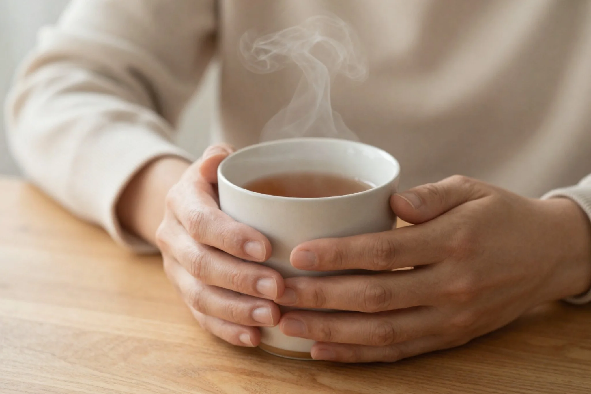An individual holding a cup of steaming tea. How do you fix job burnout? Read our blog to learn more about workplace burnout, written by a burnout therapist in Seattle, WA.
