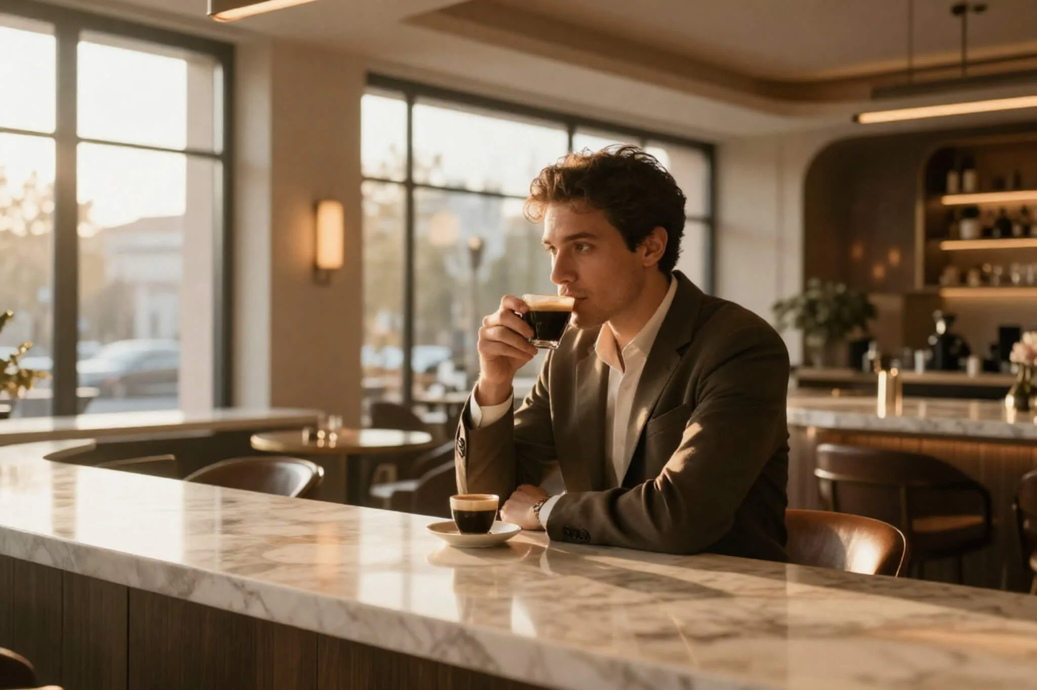 A professional man sitting at a restaurant drinking an espresso drink. Do you have severe anxiety at work? Discover how workplace stress therapy in Seattle, WA can help.