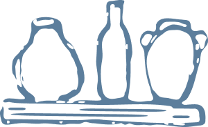 Sketch of three pottery items—a vase, bottle, and handled jug—plus a rolling pin, like offerings to a spiritual mentor.