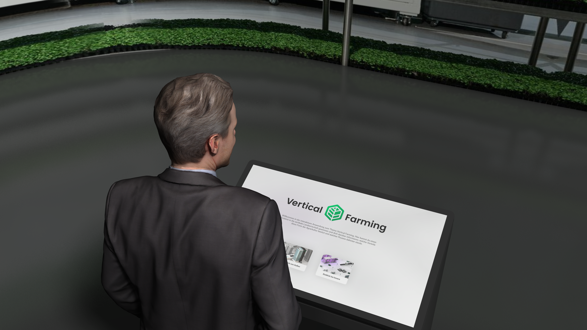 Das Konzept verbindet einen interaktiven Messestand mit curved Leinwand und Multitouch-Pult, visualisiert Vertical-Farming-Prozesse in 3D und verbessert Verständnis, Orientierung sowie Entscheidungsqualität komplexer Abläufe.